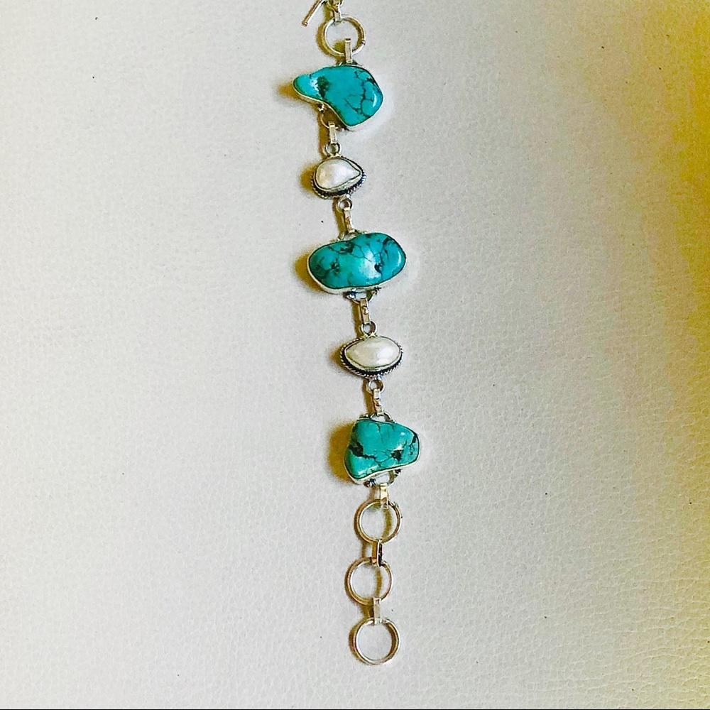 Real pearl turquoise sterling bracelet - Picture 2 of 5
